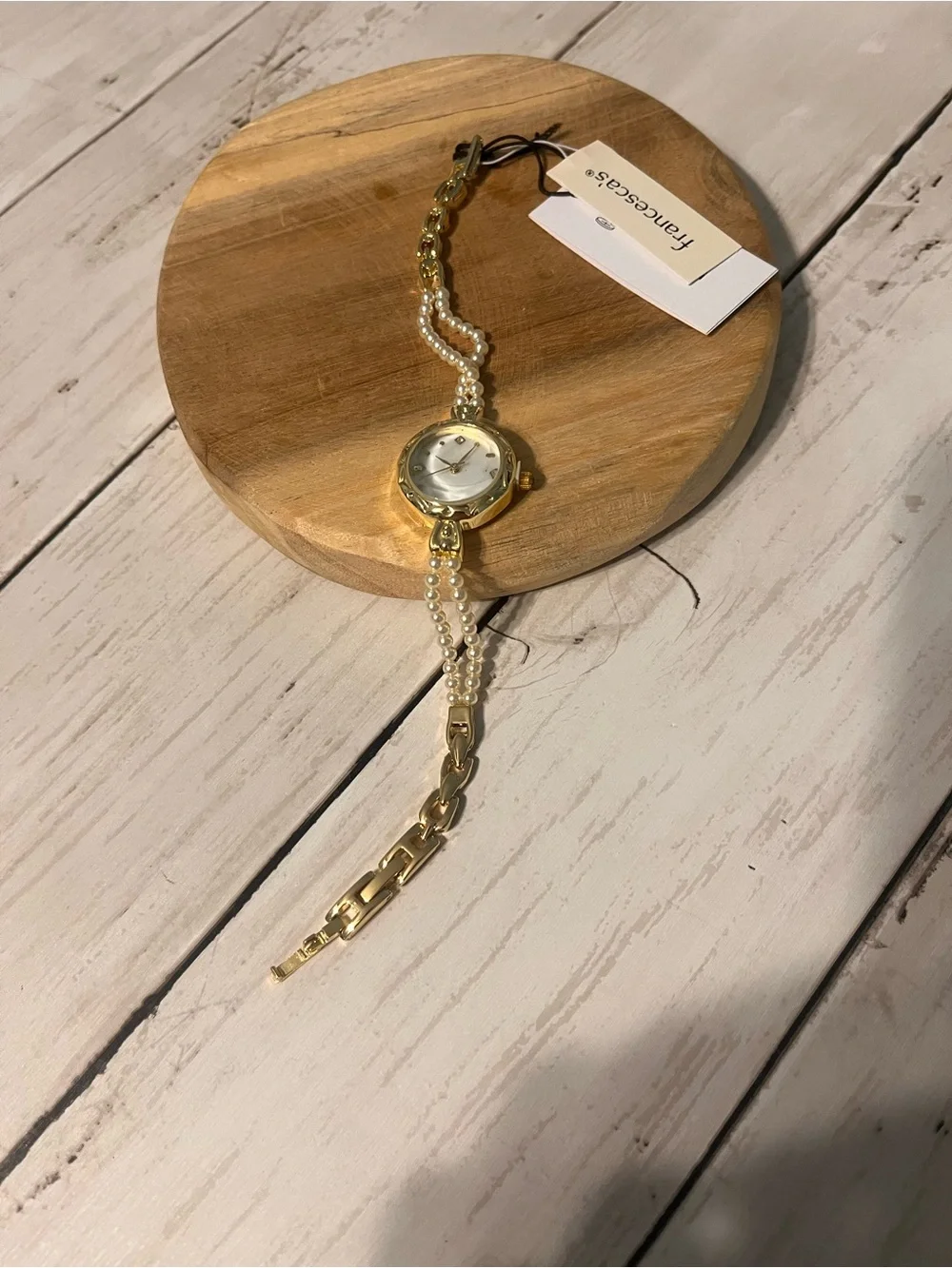 Francesca's Collections Gold and White Pearl Accent Bracelet Watch